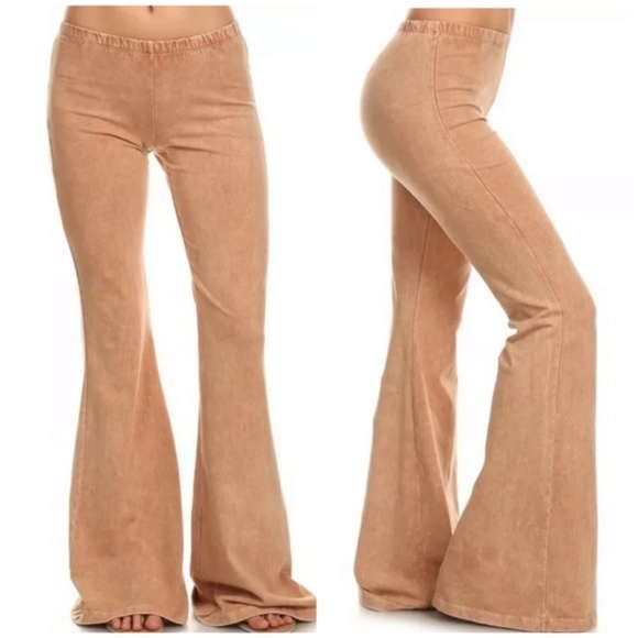 Pants - Camel Boho Mineral Wash Flared Stretch Pants